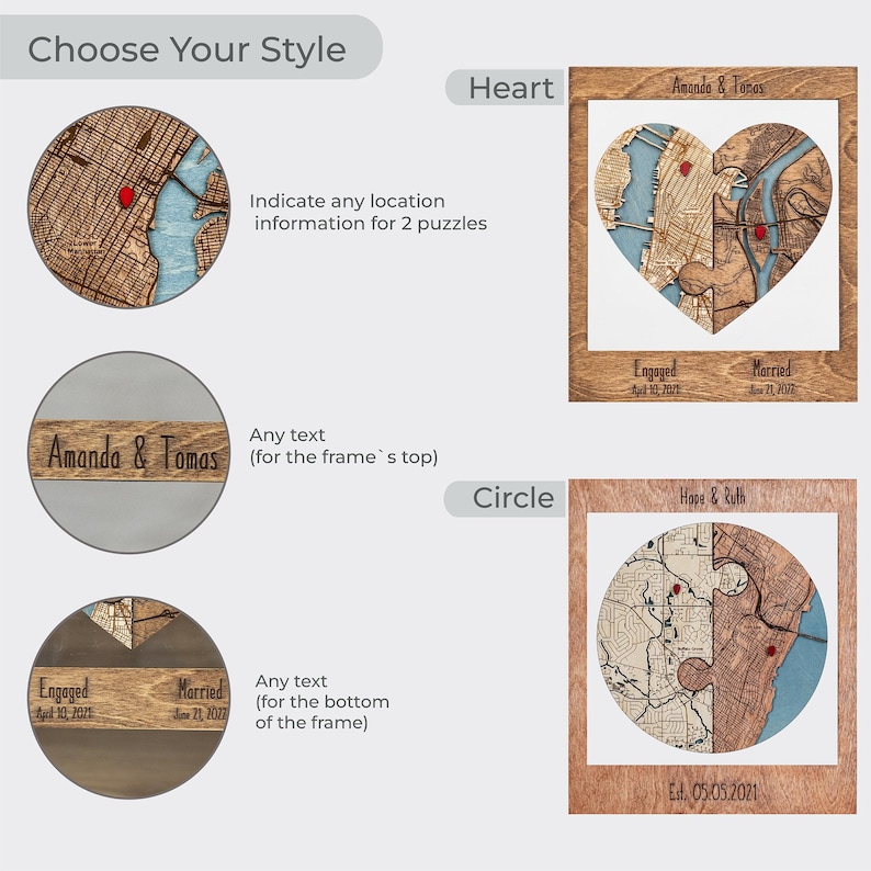 Style options graphic showing the personalized wooden map in heart and circle versions with examples of custom text placement. This image helps buyers choose the shape and personalization layout that best fits their engagement or wedding story.