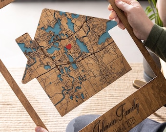 Custom Home Map, Housewarming Gift for Couple, Framed Wood Wall Art