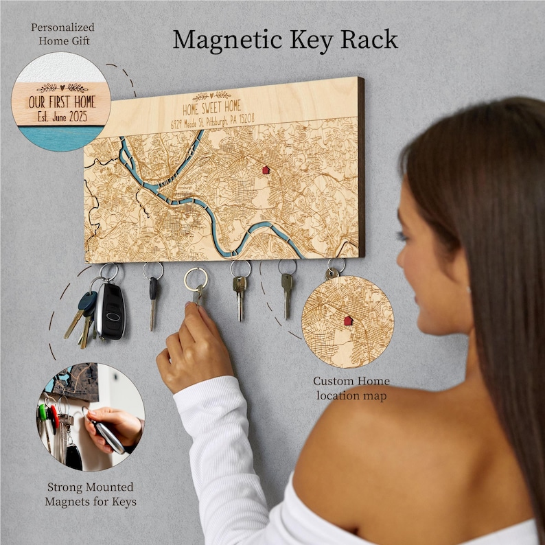 May include: Wooden magnetic key rack with a map design. The rack features a custom home location map and the text "HOME SWEET HOME". Includes a circular design with the text "OUR FIRST HOME Est. June 2025".
