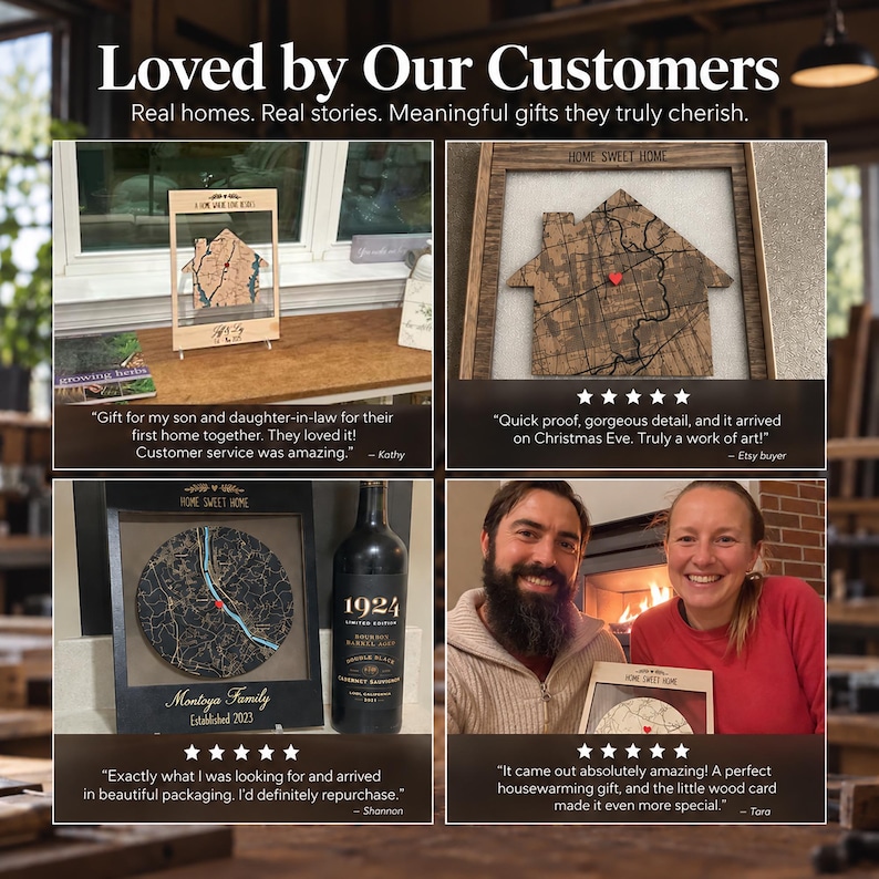 May include: A collage featuring four customer reviews for custom wooden map art. The images display house-shaped and circular wooden maps with engraved street details, red heart markers, and personalized text like Home Sweet Home and family names.