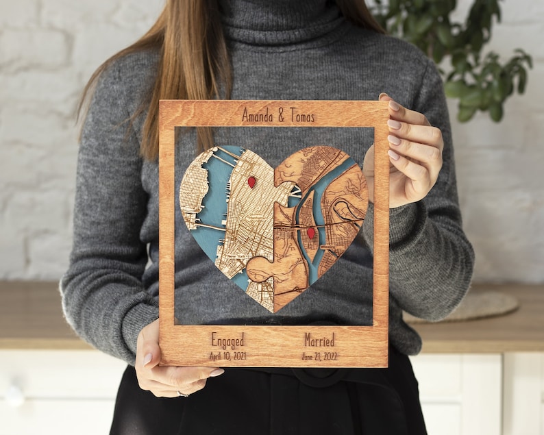 Geschenke zur Hochzeit, Zwei Orte Herz Puzzle Karte Holz gerahmte Wandkunst, Individuelles Hochzeitsgeschenk für Paare, Geschenk zum 1. Jahrestag für die Frau GUNSTOCK