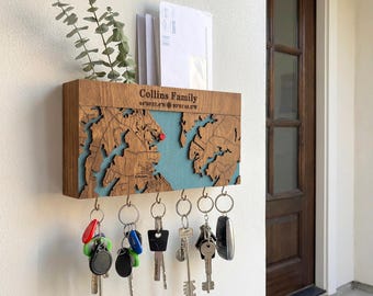 Key Mail Organizer, Personalized Map Rack for Entryway Housewarming