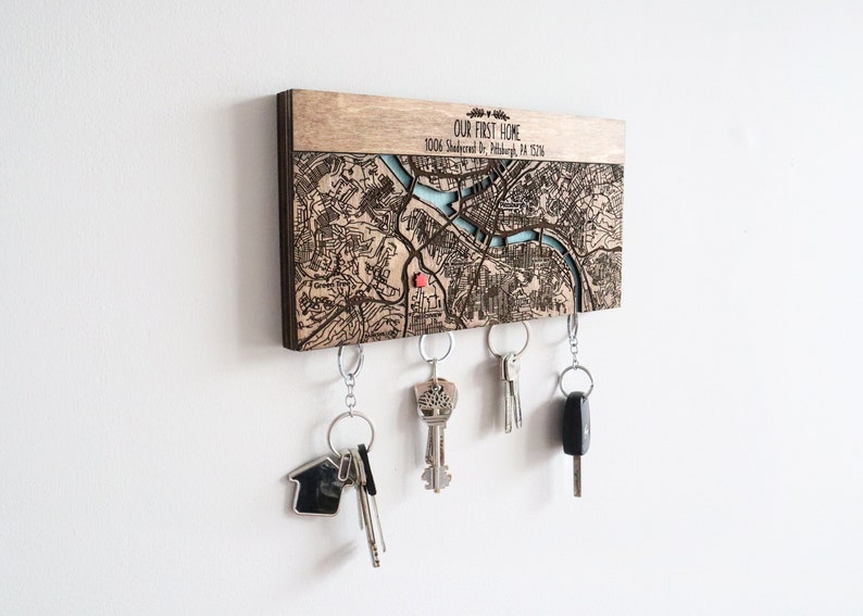 Our First Home Map, Magnetic Key Holder For Wall, Custom Coordinates Wood Map Key Organizer, Housewarming Gift for Couple image 2