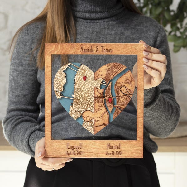 Personalized Two Location Heart Map, Wooden Framed Puzzle Wall Art