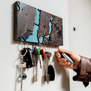 Personalized Wood Map Key Holder, Magnetic Entryway Key Rack