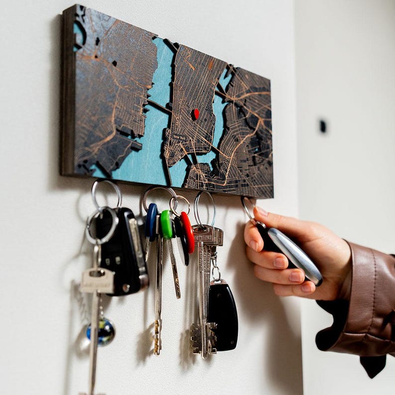 Personalized Wood Map Key Holder, Magnetic Entryway Key Rack image 1