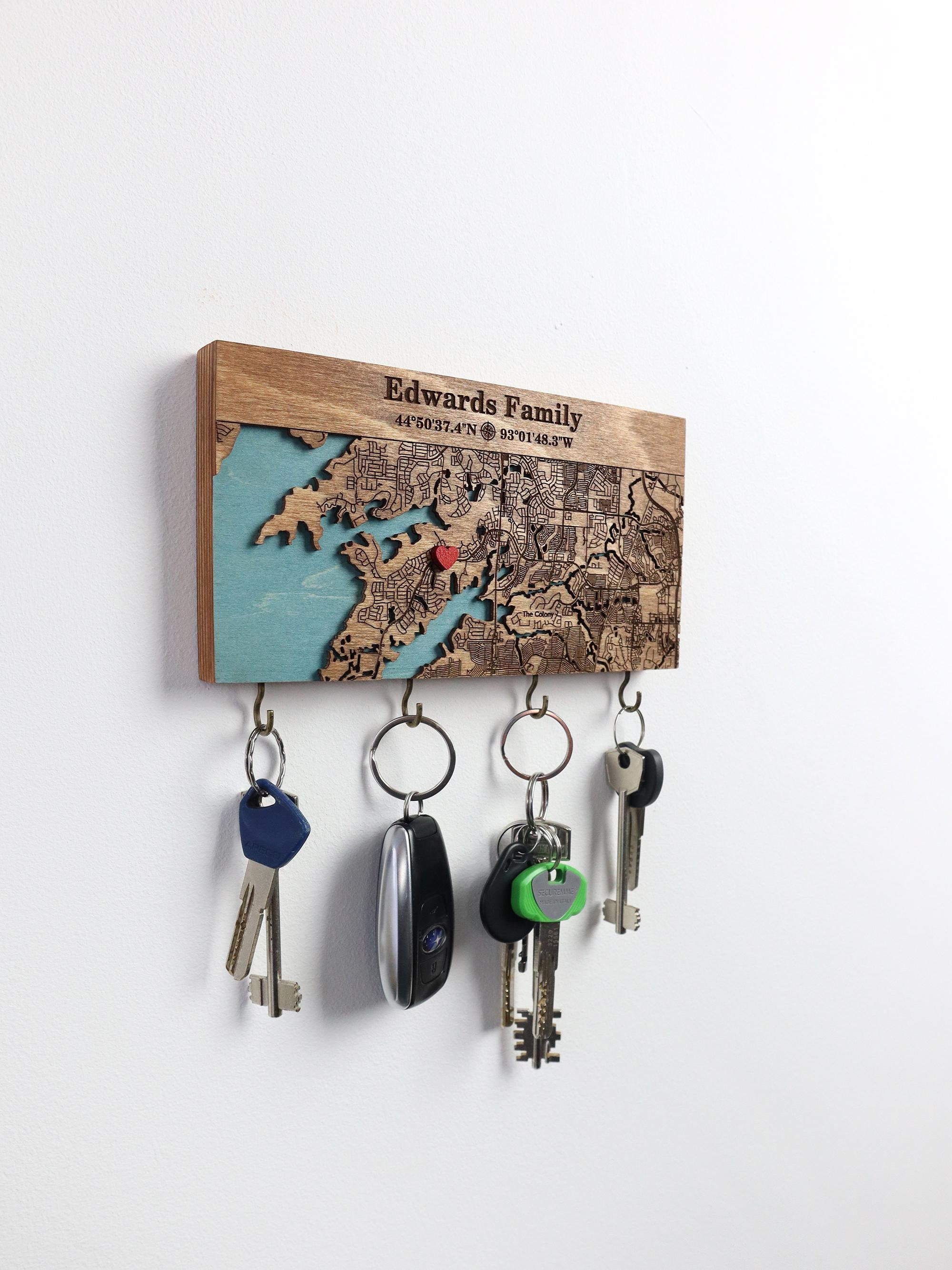 Personalized Key Holder For Wall, Custom Coordinates/City Map, Key Rack with Hooks, Housewarming Gifts for Couples, Map Entryway Organizer