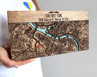 New Home Key Holder, Custom Wood Map, Personalized Coordinates