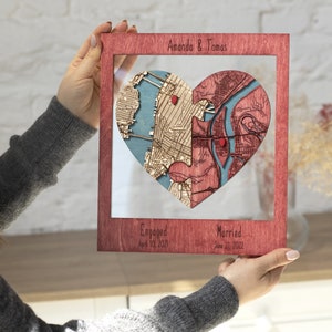 First Annniversary Gift for Couple, Two Locations Heart Puzzle Map Wooden Wall Art, Newly Wed Gifts, Custom Wood Location Map, Wedding Gift BARN RED
