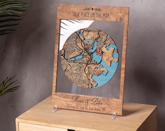 3D Floating City Map, Personalized Address Wall Art, Layered Wood Keepsake