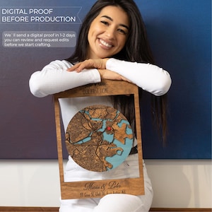 A smiling woman holds the framed custom map beside text about receiving a digital proof before production. This image reassures buyers that their first home gift can be reviewed and approved before it is made.