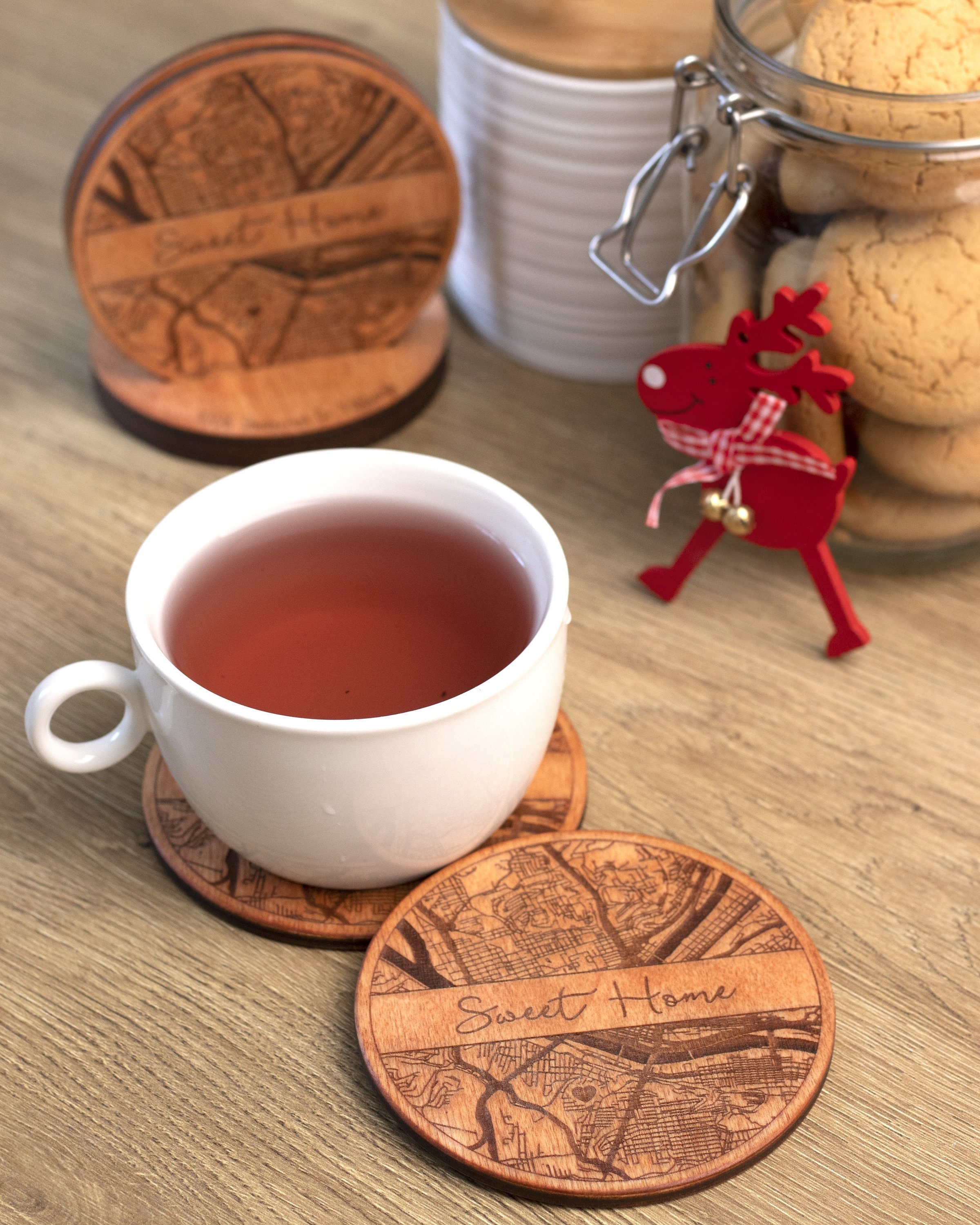 Map Location Custom Wood Coasters, Personalized Christmas Coasters Set, Housewarming Gift First Home, Custom Coordinates Map Coasters