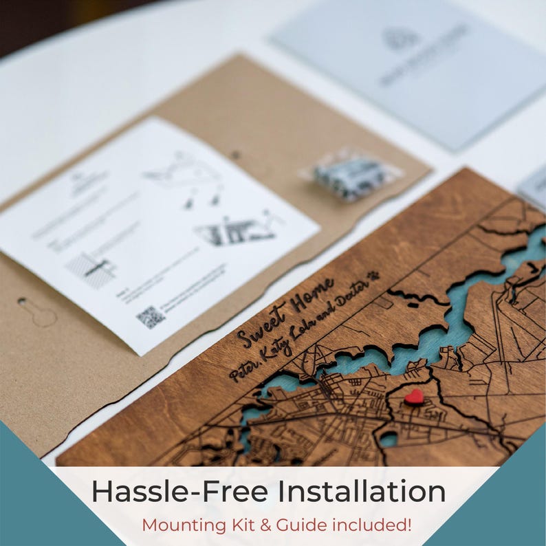 Installation kit and printed guide are shown beside the wooden magnetic key organizer. This image reassures buyers that mounting hardware and instructions are included for easy setup.