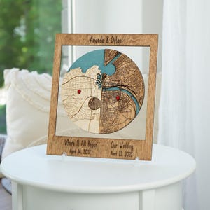 Round Couple Map, Wooden Anniversary Wall Art for Two Locations