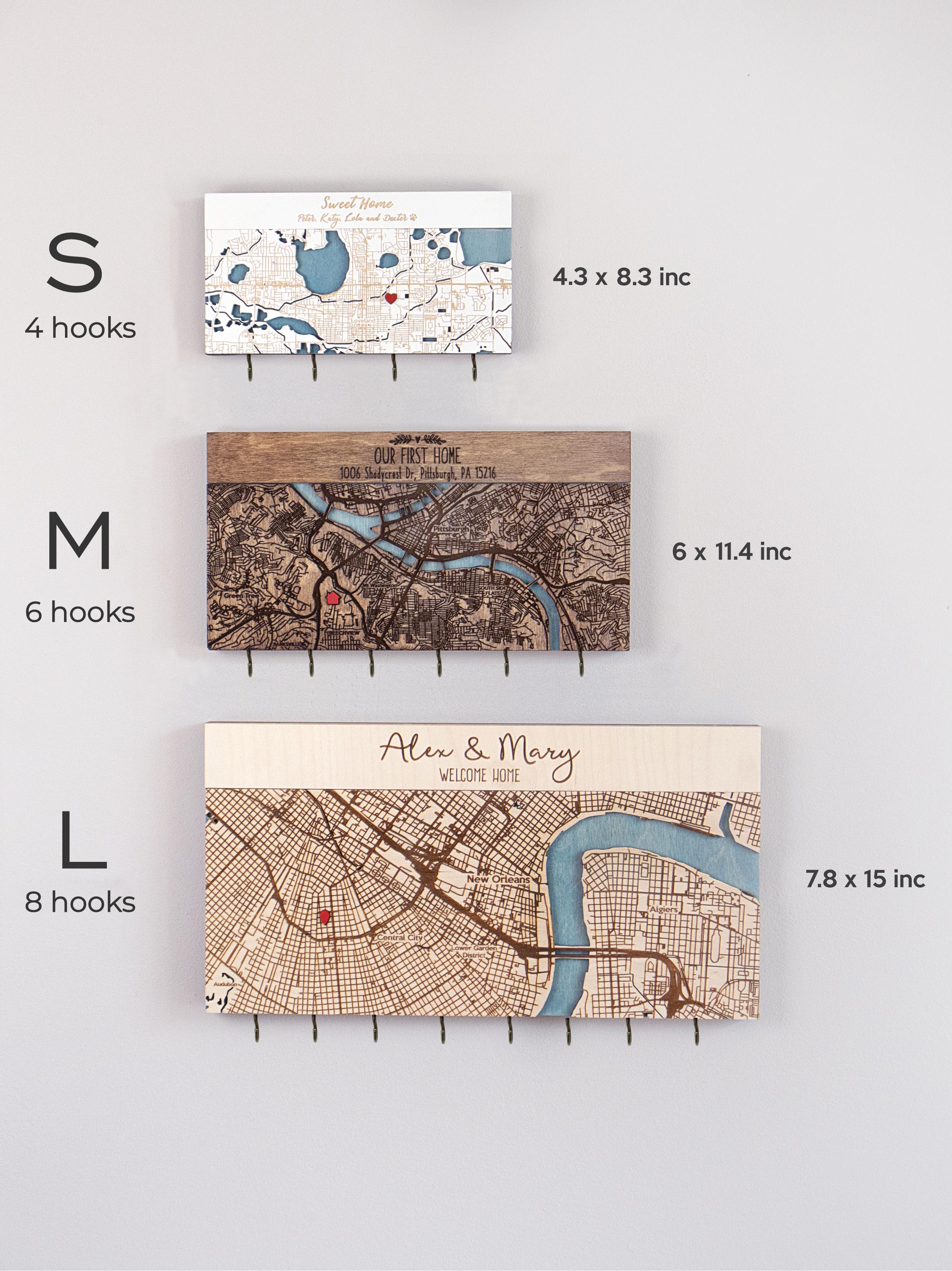 Personalized Key Holder For Wall, Custom Coordinates/City Map, Key Rack with Hooks, Housewarming Gifts for Couples, Map Entryway Organizer
