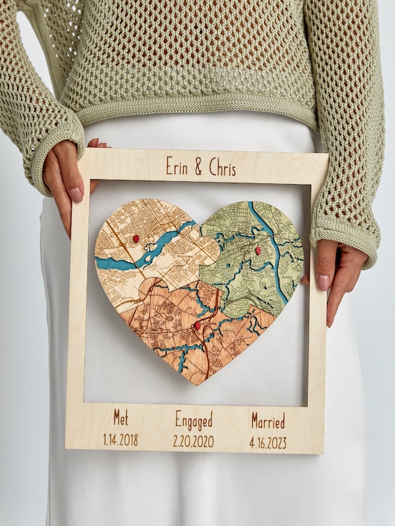 Personalized Wooden Map, Three Locations Heart Puzzle, Framed Wedding Gift