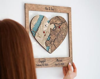 Connected Heart Map, Long Distance Couple Gift for Engaged/Married Story