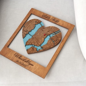 Valentines Day Gift for Couple, Framed Wood Wall Art Map, Hello, Will You, I Do Engagement Map, Where We Met Engaged Married Wooden Wall Map