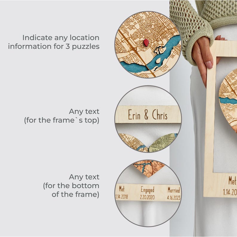 Personalization guide showing where buyers can add location details, names, and bottom milestone text for the three-piece heart puzzle design. This image helps shoppers understand how the wedding keepsake can be customized to their own relationship story.