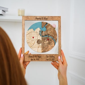 Cadeaus 5e verjaardag voor stel, twee locaties puzzelkaart houten muurkunst, gepersonaliseerd cadeau voor hem, elke locatie of stadsplattegrond, woondecoratie