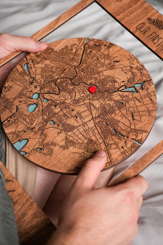 Laser Engraved Wood Map, Custom Framed Home Decor, New Home Gift