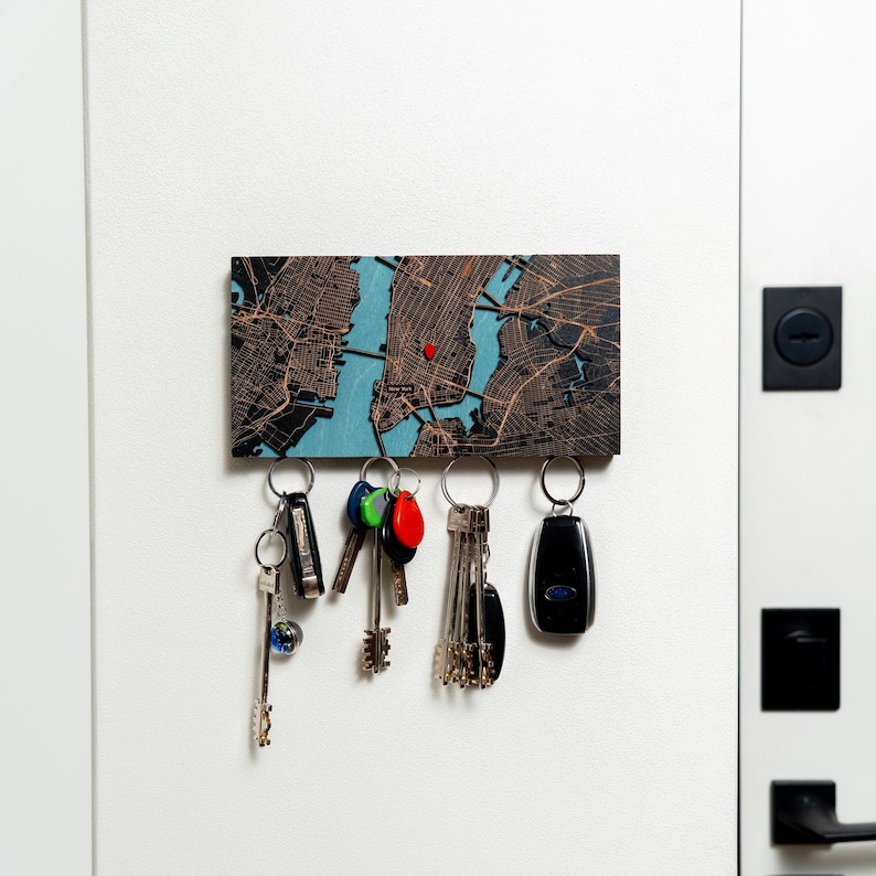 Personalized Wood Map Key Holder, Magnetic Entryway Key Rack image 2