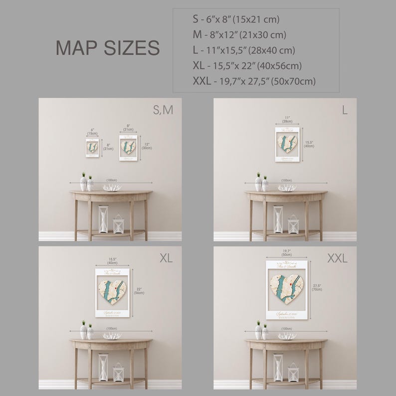 May include: A comparison of different sizes for a heart-shaped map print. The print is on a white background with a light blue heart shape. The sizes are labeled S, M, L, XL, and XXL. The measurements are in inches and centimeters.