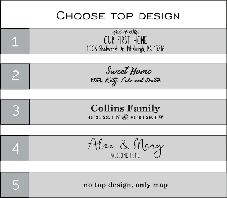May include: Image showing five design options for a personalized product. The options include text such as "Our First Home," "Sweet Home," "Collins Family," and "Alex & Mary." The text "Choose Top Design" is at the top.