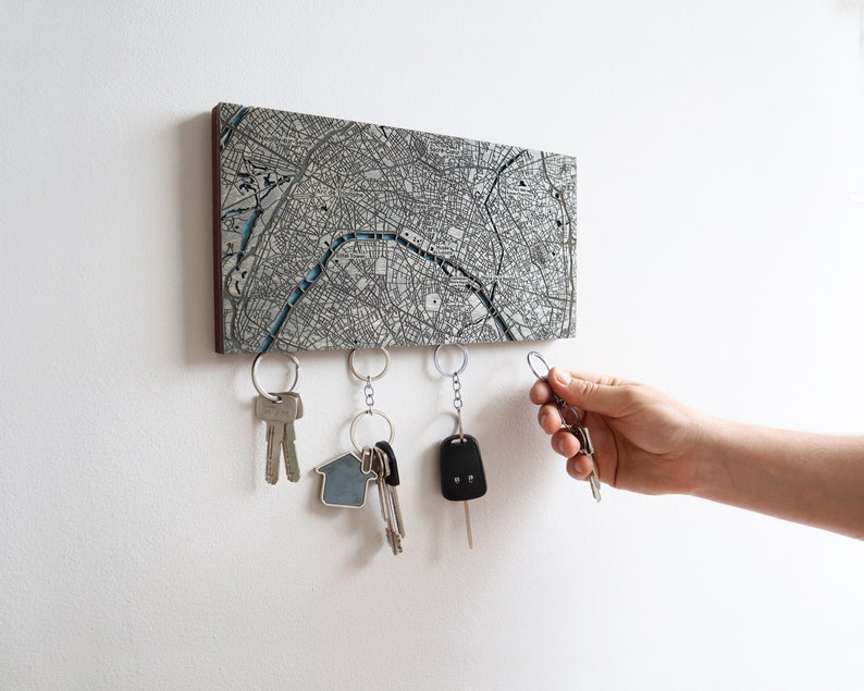 Any City Map Key Holder For Wall, Housewarming Gifts, Wooden Map Key Organizer with Magnets, Custom City Map, Paris Gifts, Key Hook for Wall image 8