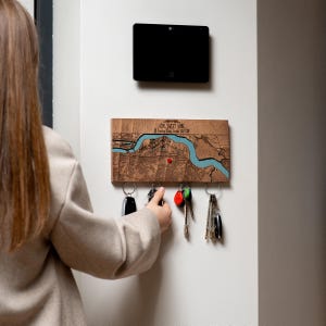 Personalized Wood Map Key Holder, Magnetic Entryway Key Rack image 15