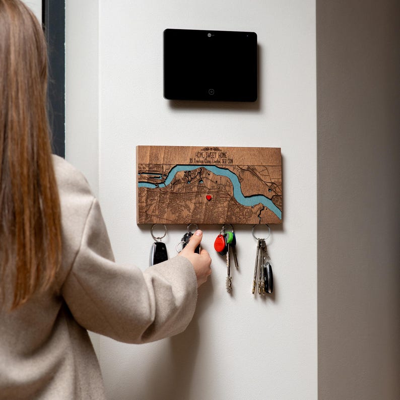 Personalized Wood Map Key Holder, Magnetic Entryway Key Rack image 15