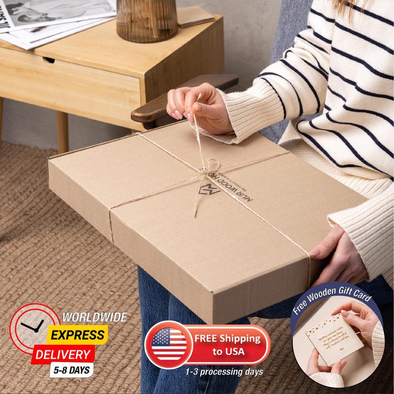 Gift packaging image showing the boxed custom map key holder ready for shipping, with express delivery and free wooden gift card details. It presents the entryway organizer as a thoughtful personalized gift for a home.