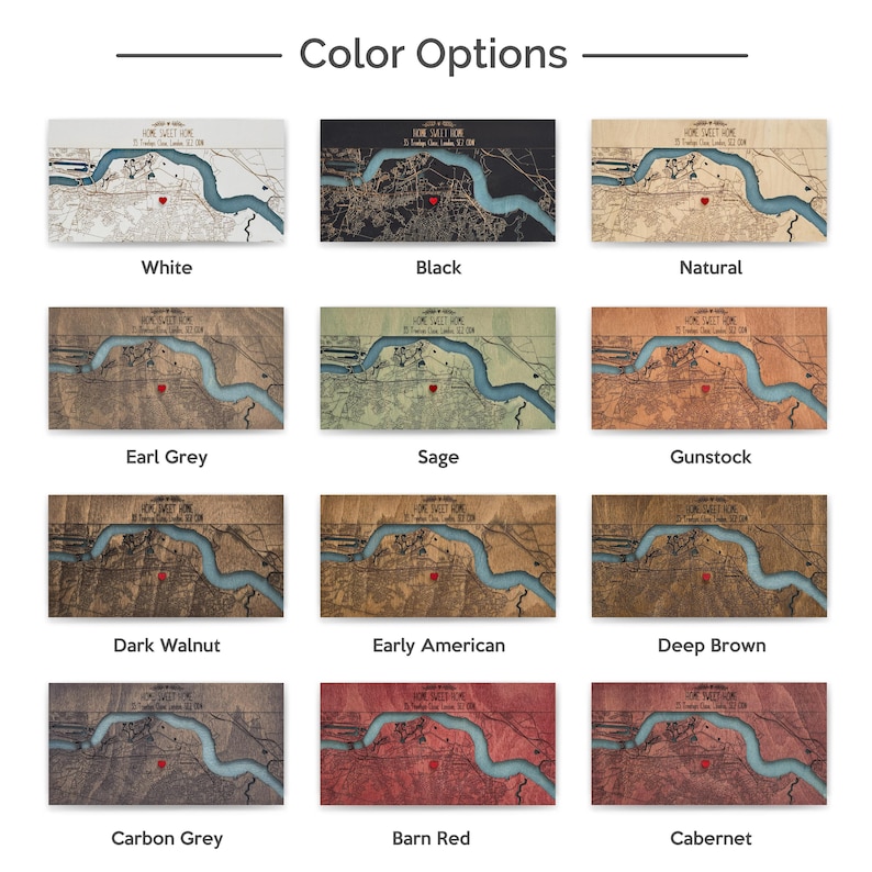 Color options chart for the personalized map key holder, including light, dark, and muted wood finishes. The image helps buyers match the key rack to a modern entryway or minimalist home decor style.