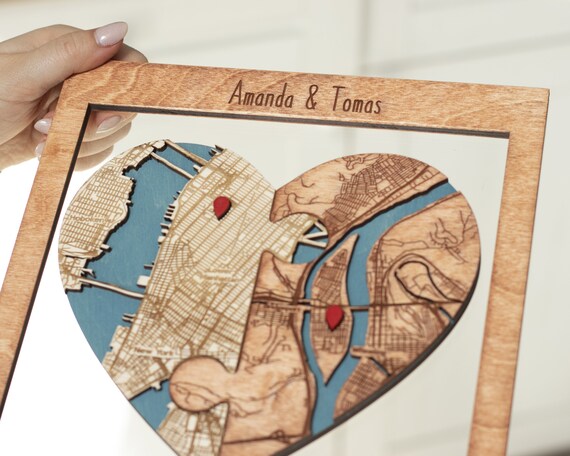 Newly Wed Gifts Two Locations Heart Puzzle Map Wooden Framed image 3