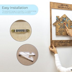This installation infographic shows the back hanger and acrylic stand included with the personalized map. It explains how the first home wall art can be displayed either on a wall or on a tabletop.
