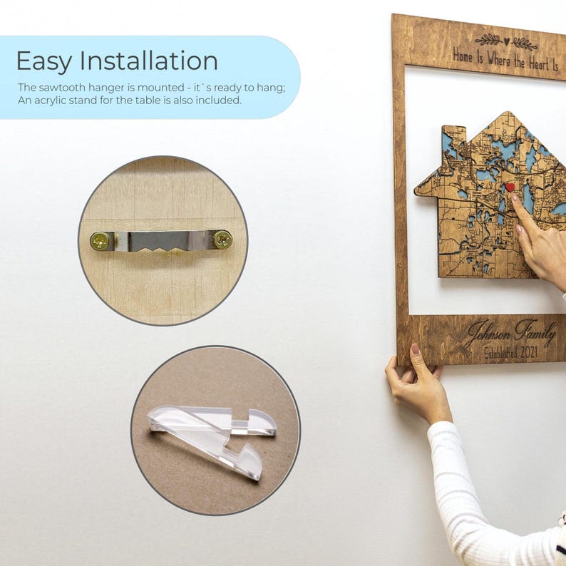 This installation infographic shows the back hanger and acrylic stand included with the personalized map. It explains how the first home wall art can be displayed either on a wall or on a tabletop.