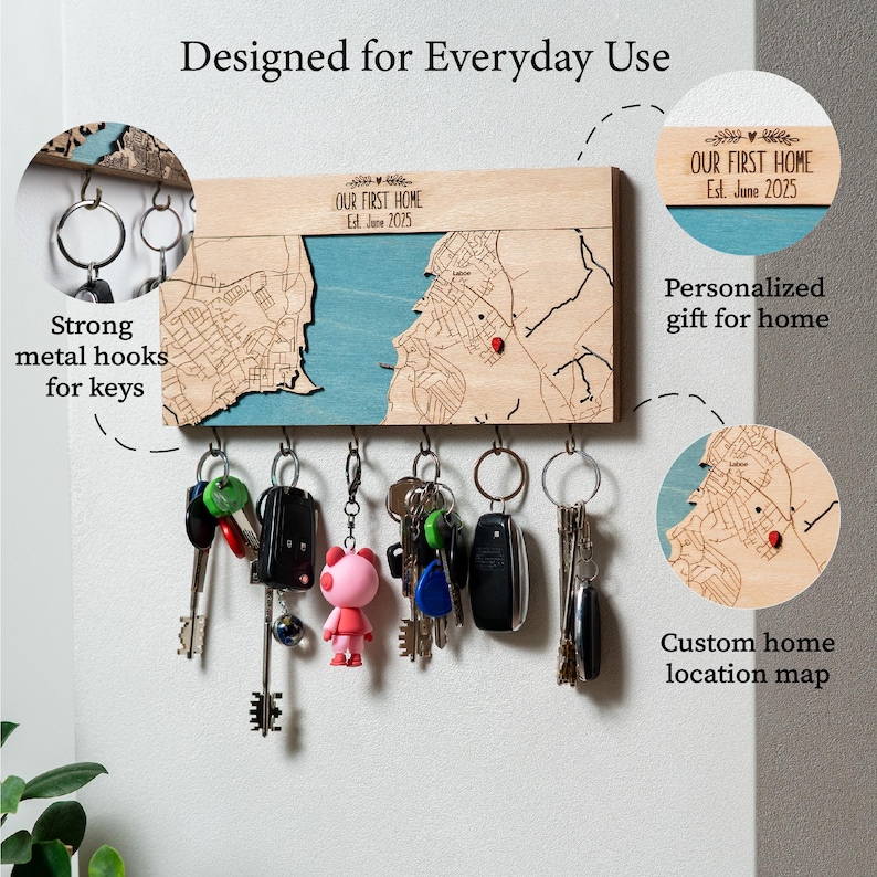 Infographic showing a personalized map key holder with strong metal hooks, custom home location detail, and top text personalization. The image explains the product as practical entryway storage with meaningful modern wall decor.