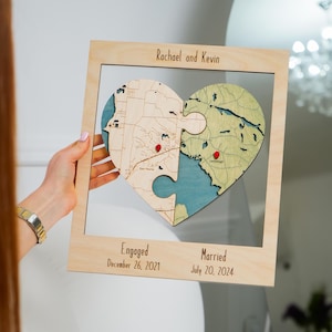 Personalisierte Zwei Orte Herz Puzzle Karte, Geschenk zum 9. Jahrestag, Reisekarte Holzwandkunst, Hochzeit Einzigartiges Geschenk für Paar, Regaldekor