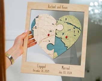 Personalized Two Locations Heart Puzzle Map, 9th Anniversary Gift, Travel Map Wood Wall Art, Wedding Unique Gift for Couple, Shelf Decor
