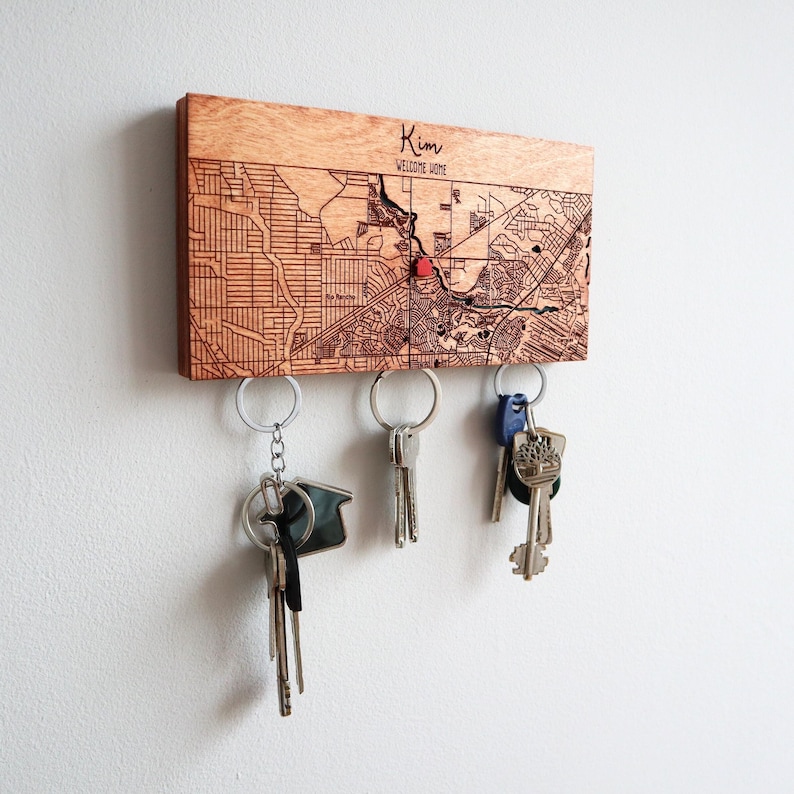 Personalized Wood Map Key Holder, Magnetic Entryway Key Rack image 6