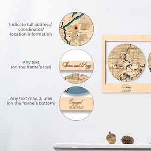 May include: A light-coloured wooden wall frame featuring circular laser-cut maps with red location markers. The frame includes engraved text such as Thomas and Lizzy, Dating 4.27.2021, Engaged 12.15.2023, and instructions for custom location information.