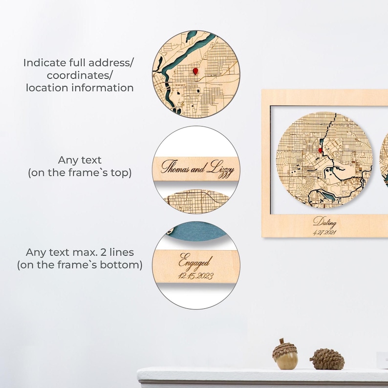 May include: A light-coloured wooden wall frame featuring circular laser-cut maps with red location markers. The frame includes engraved text such as Thomas and Lizzy, Dating 4.27.2021, Engaged 12.15.2023, and instructions for custom location information.