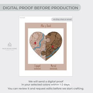 Digital proof preview for the personalized wooden heart map, showing how the custom design is reviewed before production. This image reassures buyers that names, dates, and locations can be checked and approved before the keepsake is made.