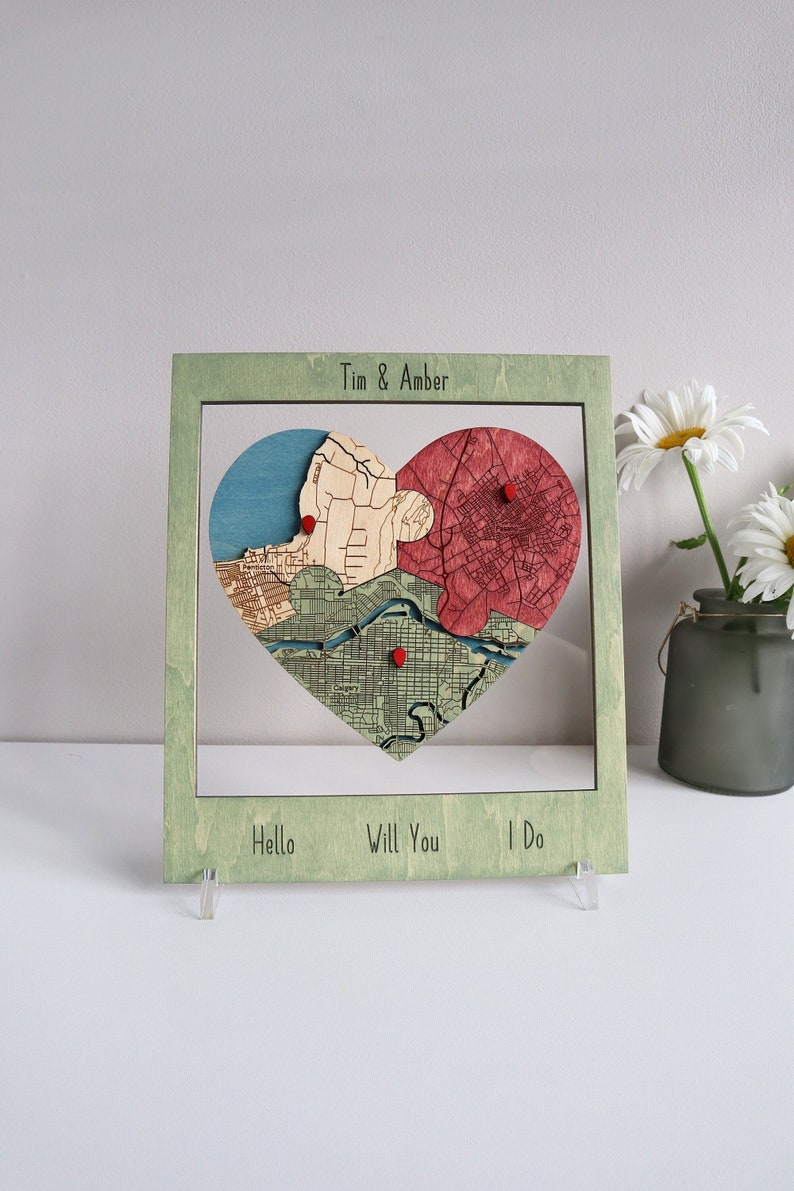 Hello Will You I Do Map, Three Locations Heart Puzzle Map Wooden Framed Wall Art, Newly Wed Gift, Wedding Anniversary Gift for Couple Unique image 1