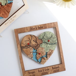 9th Anniversary Gift, Three Locations Heart Puzzle Map Wooden Framed Wall Art, Newly Wed Gifts, 9 Year Wedding Anniversary Gift For Her Him EARLY AMERICAN