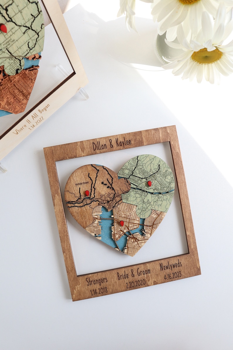 9th Anniversary Gift, Three Locations Heart Puzzle Map Wooden Framed Wall Art, Newly Wed Gifts, 9 Year Wedding Anniversary Gift For Her Him EARLY AMERICAN