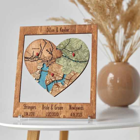 Personalized Puzzle Map - 5th Wedding Anniversary Couples Gift, Custom Locations Framed Wood Wall Art