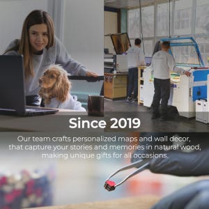 May include: A collage showing a person with a dog at a laptop, a person operating a laser cutting machine, and a close-up of tweezers holding a small wooden house piece. Text reads: Since 2019. Our team crafts personalised maps and wall decor.