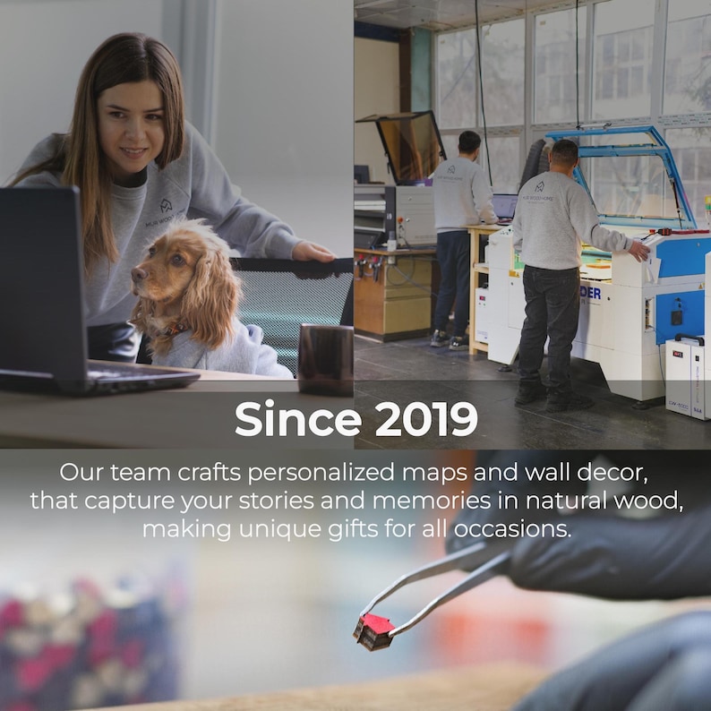 May include: A collage showing a person with a dog at a laptop, a person operating a laser cutting machine, and a close-up of tweezers holding a small wooden house piece. Text reads: Since 2019. Our team crafts personalised maps and wall decor.