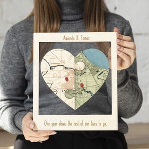 First Annniversary Gift for Couple, Two Locations Heart Puzzle Map Wooden Wall Art, Newly Wed Gifts, Custom Wood Location Map, Wedding Gift NATURAL & SAGE
